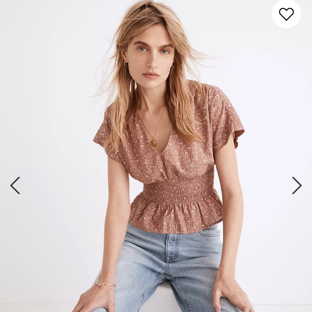 New Madewell V-Neck Smocked-Waist Top in Daisy Stitch. Worn and washed once